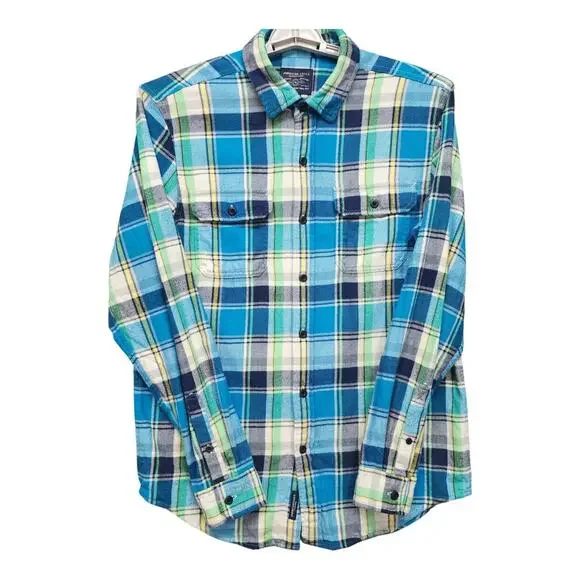 American Eagle Outfitters Men’s Medium Flannel Button Up Shirt Blue Plaid Cotton - Picture 10 of 16
